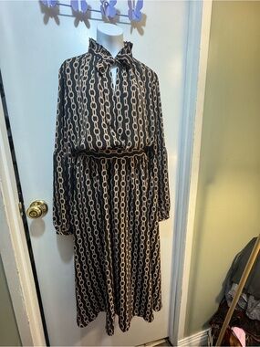 Worthington Black Long-Sleeve Chain-Print Tie-Neck Dress